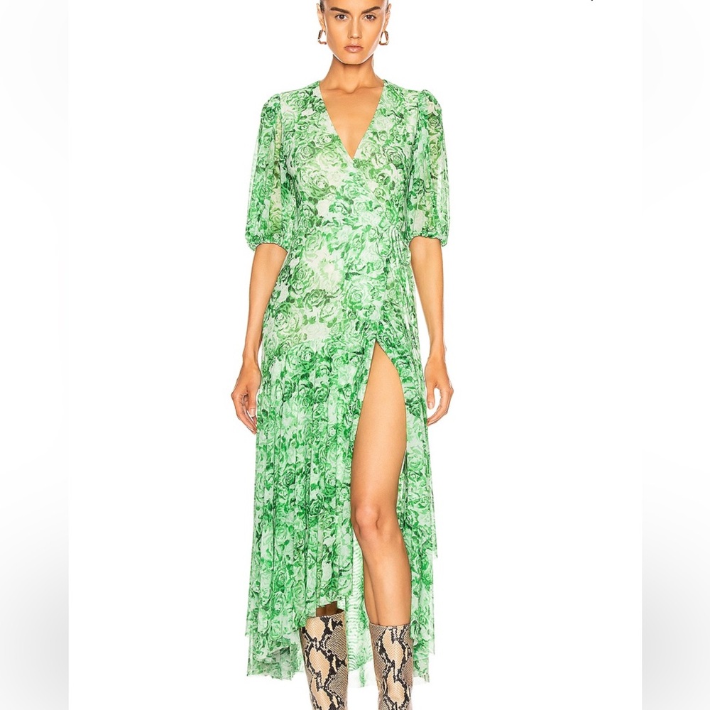 Ganni Green Floral Wrap Midi Dress